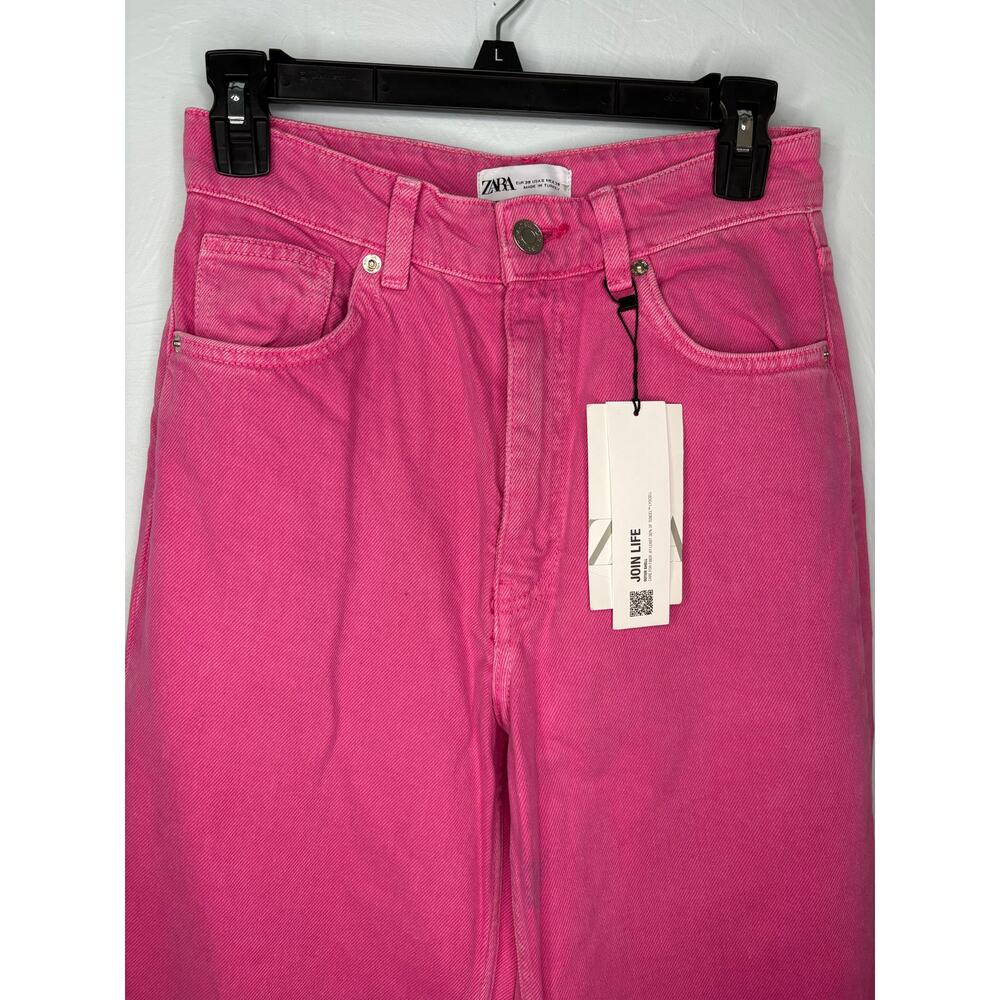 Zara Wide Leg Raw Hem Pink Jeans Denim Women's Size 6 Spring Pants High Rise NWT - Picture 2 of 10